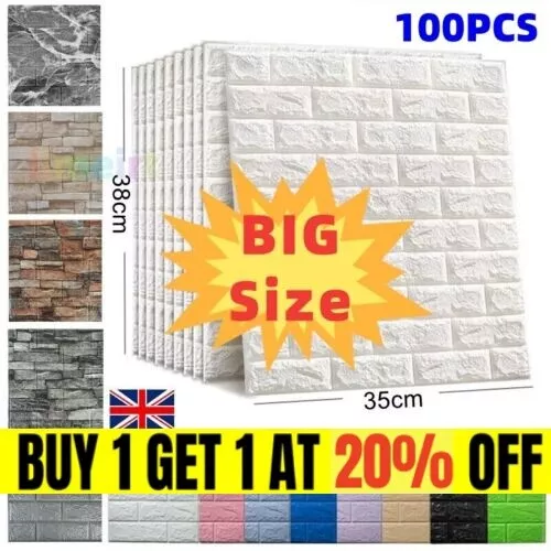 100X Large 3D Tile Brick Wall Sticker Self-Adhesive·Waterproof Soft Foam Panel ◇