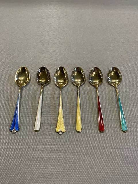 6 Vintage Gilt Wash Sterling & Enamel David Andersen Norway Demitasse Spoons