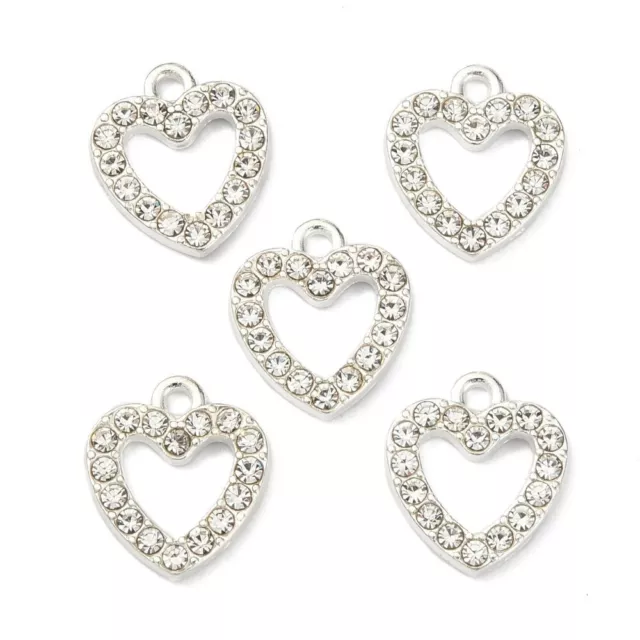 Silver rhinestone heart charms, zinc alloy 14mm heart charm, silver heart, 5pcs