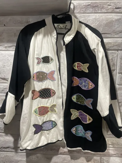 Yak Magik XL Art to Wear Open Jacket Coat Beaded Embroidered Fish Appliques