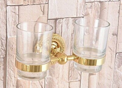 Gold Color Brass Wall Mounted Bathroom Toothbrush Holder with 2 Glass Cup Zba600