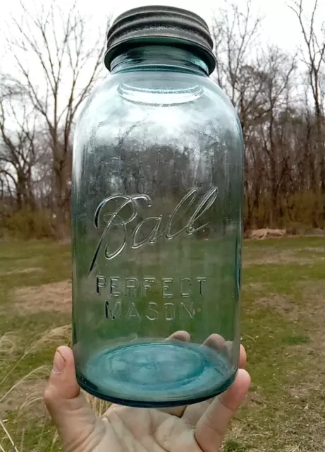 Large 10" Vintage Blue BALL Mason Canning Jar w/ Zinc Lid Half Gallon