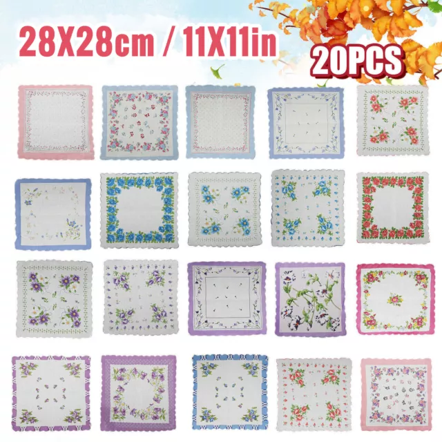 20PCS Ladies Handkerchiefs 100% Cotton Hankies Hankerchief Pocket Vintage Flower