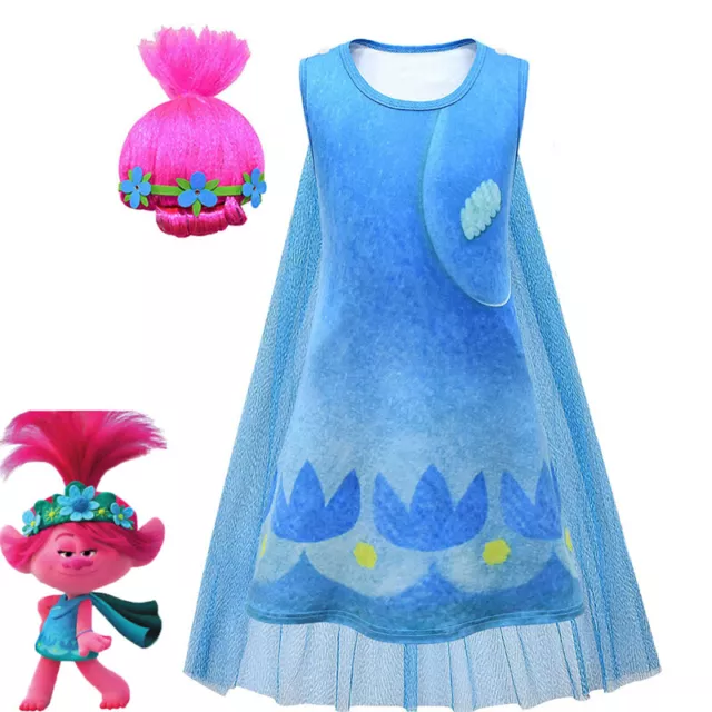 Kids Troll Poppy Cosplay Costume Dress +Wig Outfit Party Fancy Dress Up