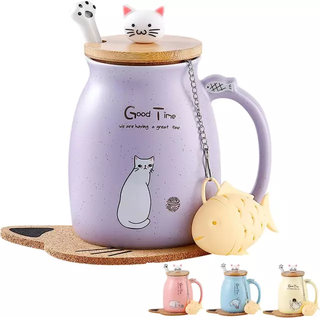 Katzen-Tasse Süße Keramik Kaffeetasse Mit Deckel,Edelstahl Löffel, Neuheit Morge