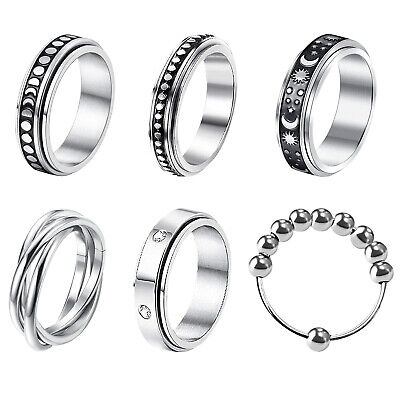6pcs Anti Anxiety Spinner Fidget Ring Stainless Steel Rotate Band for Men Women