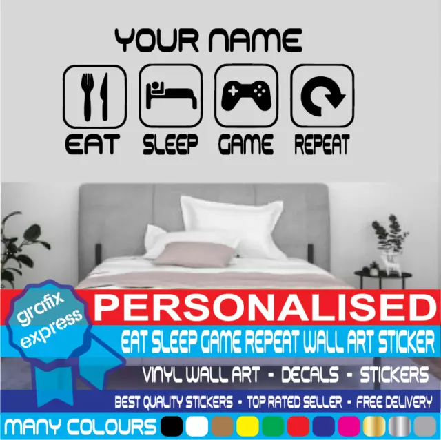Personalised Eat Sleep Game Repeat Gamer Wall Art Decals Stickers Bedroom Vinyl