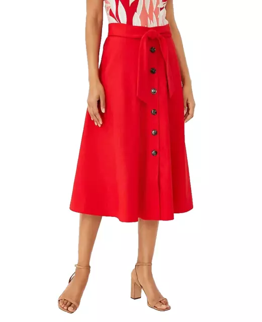 Ann Taylor Linen Blend Button Tie Waist Red Midi Skirt, Size 2, ORG $149 - NWT