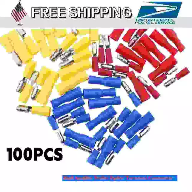 100Pcs Electric Female & Male Crimp Connector Bullet Terminal Insulated 22-10AWG