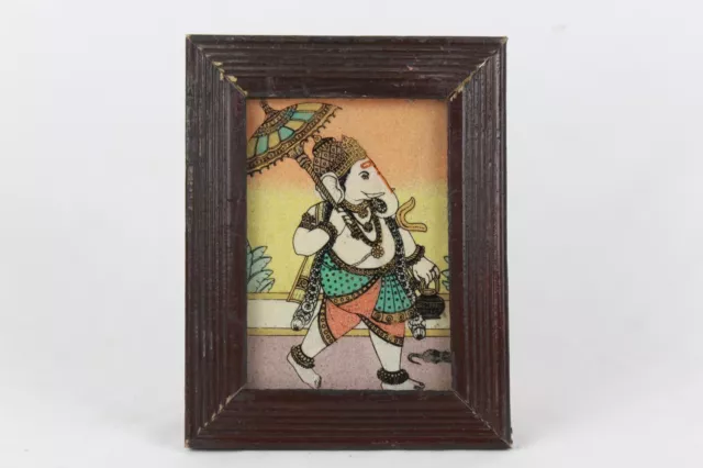 Reverse Glass Painting Old River Sand Art God Ganesha Collectible Photo Frame