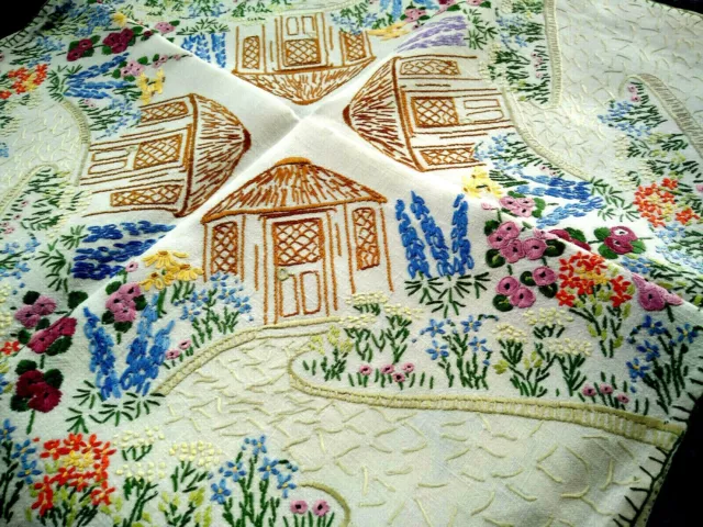Fabulous 'Fairistytch' Summer House &Cottage Gardens Hand Embroidered Tablecloth