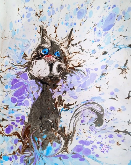 Gato negro pintura abstracta mascota pared arte gatito con ojos azules arte...