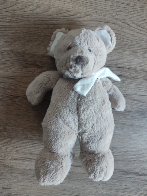 DOUDOU PELUCHE POMMETTE OURS BEIGE TAUPE ECHARPE BLANC ETOILE 26cm comme neuf