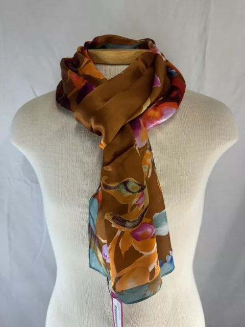 New Vince Camuto Cinnamon Renaissance Floral 100% Silk Oblong Scarf 18"x72"