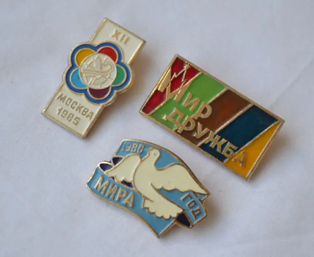 Soviet badges vintage Set 3x USSR Moscow Dove peace friendship festival pins lot