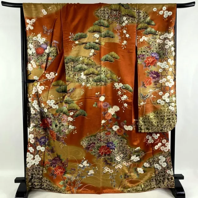 Japanese kimono SILK"FURISODE" long sleeves,Gold leaf/thread, Plants, L5'6".3416