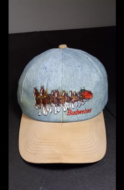 VINTAGE Budweiser Hat Cap Strap Back Blue Clydesdale Horses Bud Beer K-Products