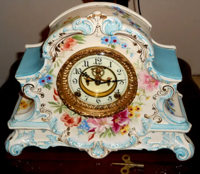 Antique Ansonia Royal Bonn "La Nord" 1755 Key Wind Bong Strike Porcelain Clock
