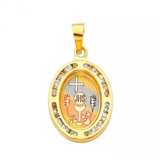 14K Solid Gold "Communion" CZ Religious Oval Charm Pendant, 20MM