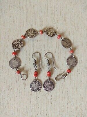 Moroccan Silver Berber Bracelet & Earrings, with Coins and Old Coral