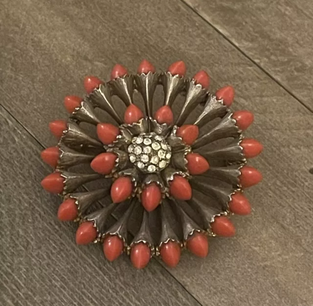 Vintage Unsigned Faux Coral Rhinestone 3D  Pin Brooch Miriam Haskell ? Statement