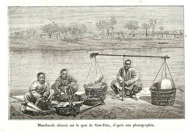Chine 中国 / Tianjin  天津 / Marchands Sur Le Quai / Gravure Engraving 1868