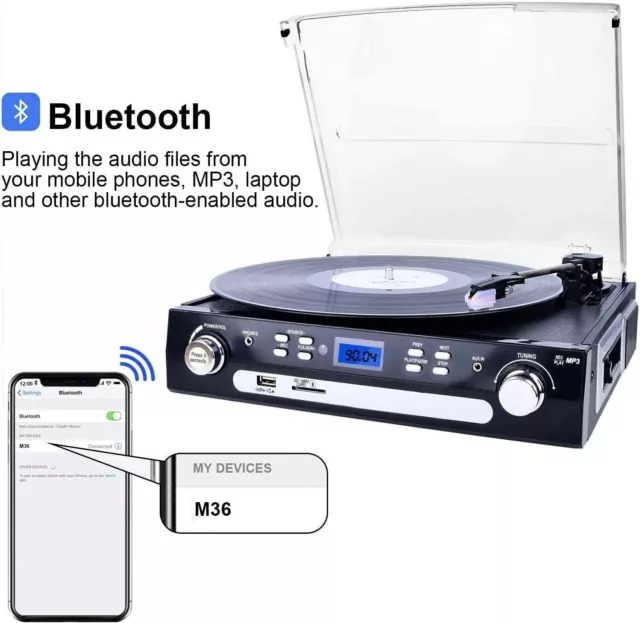 DIGITNOW! Giradischi in vinile con altoparlanti Bluetooth USB SD FM stereo radio 3