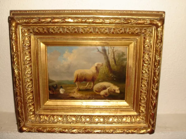 Antique oil painting, { Eugène Verboeckhoven (1798 – 1881), Sheep and chickens}.