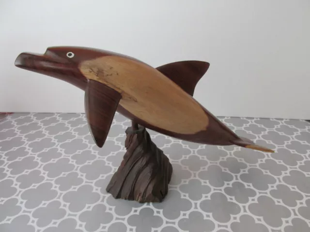 Vintage Wood Wooden Carved Dolphin Figurine Statue Ocean Sculpture on Stand