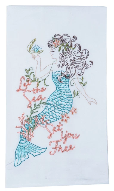 Kay Dee Let Sea Set You Free Mermaid Embroidered Flour Sack Kitchen Dish Towel