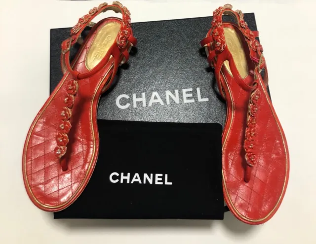 RRP£695 Chanel Sandals, Thong Sandals, Camellias, Leather , Red, EU38, UK5