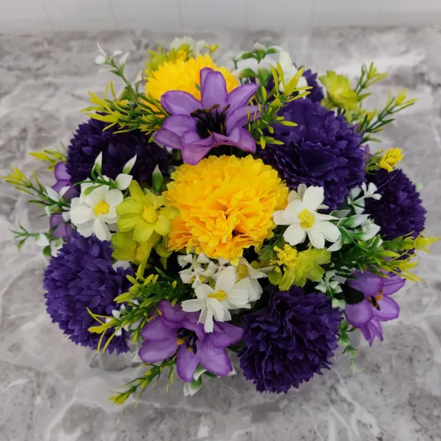Purple Dahlia & Yellow Carnations | Artificial Flower Pot | Grave/Memorial/Crem