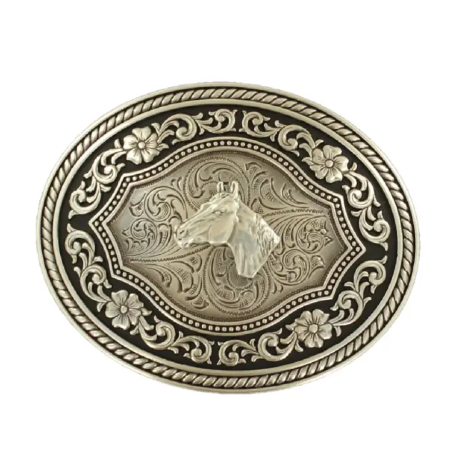 Nocona Mens Oval Silver Horse Head Motif Belt Buckle 37711