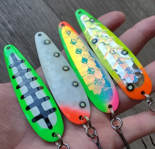 4pc Lot - MAG UV Holo Super Glow Salmon Trolling Spoons moonshine Fisher  Tackle