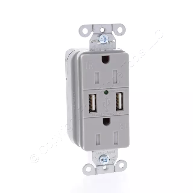 Hubbell SNAP15USBGY Gray Decorator SNAPConnect 15A Receptacle TR Outlet 2.0 USB