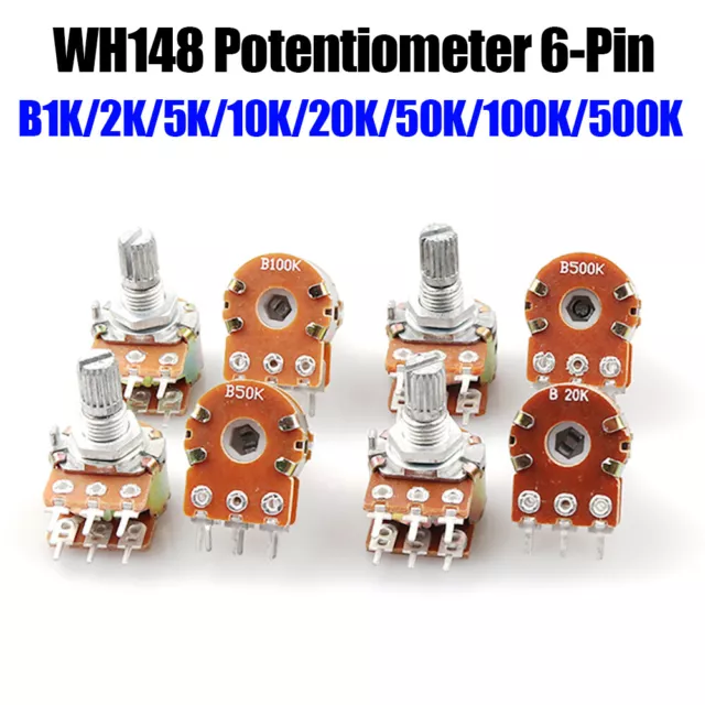 2PCS WH148 Potentiometer B1K-500K Handle Length 15mm Adjustable Resistance 6 Pin