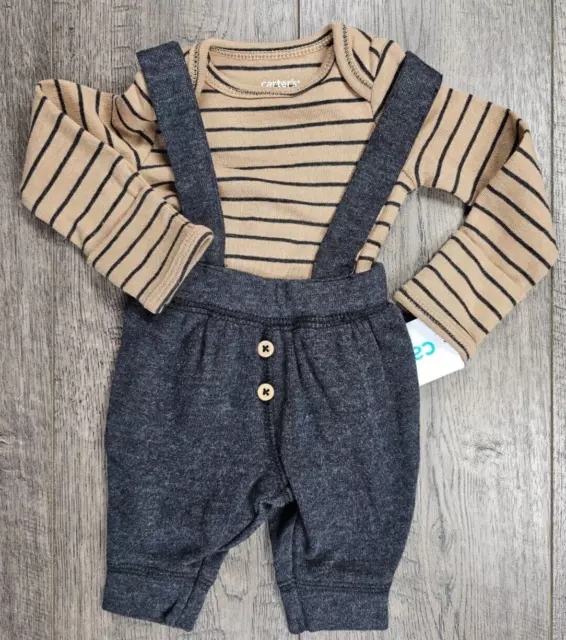 Baby Boy Clothes New Carter's Newborn 2pc Charcoal Gray & Brown Overalls Outfit