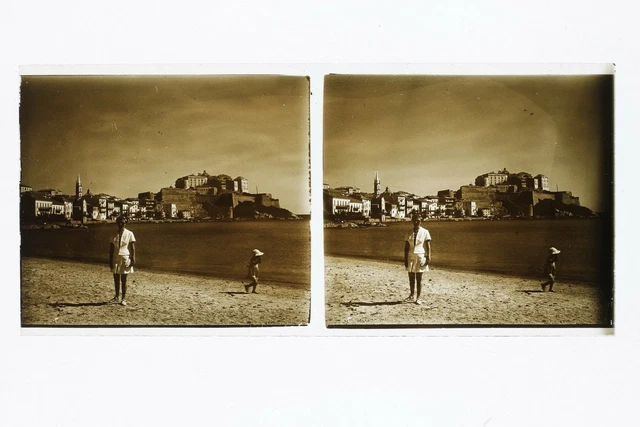 La Corse Calvi France Photo Stereo Plaque de verre Vintage