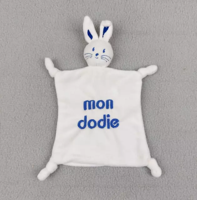 Doudou lapin plat carré blanc brodé mon Dodie bleu TBE - Etiquette coupée