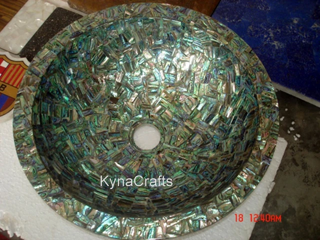 30,5cm Redondo Mármol Blanco Lavabo Abulón Carcasa Cubierta Trabajo Cocina