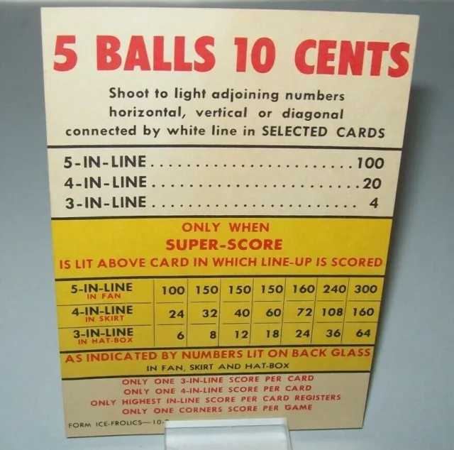 Ice Frolics 1953 Original Bingo Game Pinball Machine Score Card 5 Ball 10c