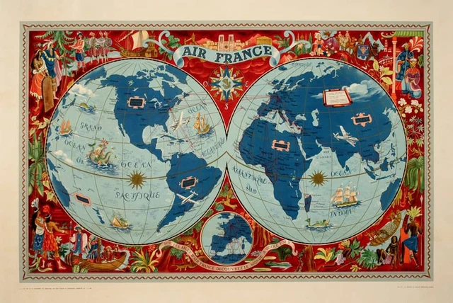 Lucien BOUCHER - Air France : Planisphère Lignes Long-Courriers