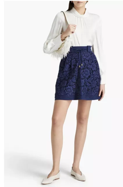 VALENTINO Belted crepe-paneled corded lace mini skirt-NWT-38 2