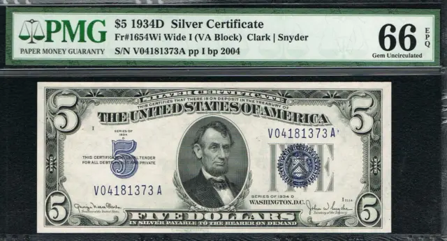 Rare VA Block. $5 1934D Silver Certificate. Wide I. PMG 66 EPQ. Quality  Note
