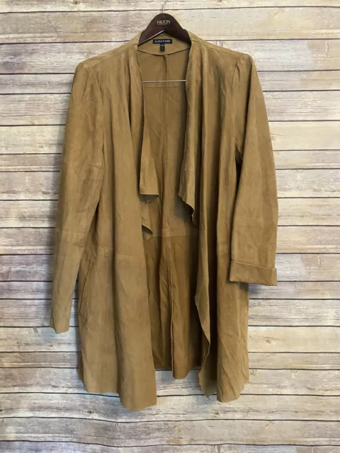 Eileen Fisher Size Medium Tan Goat Suede Open Cardigan Long Cascade Jacket $898