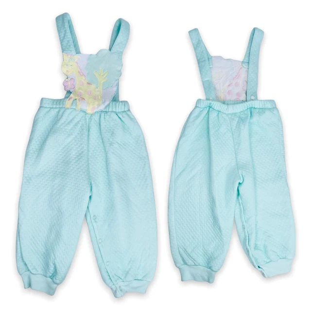 Vintage Baby Girl Soft Sweet Blue Giraffe Apron Front Jumper Romper Outfit 24m