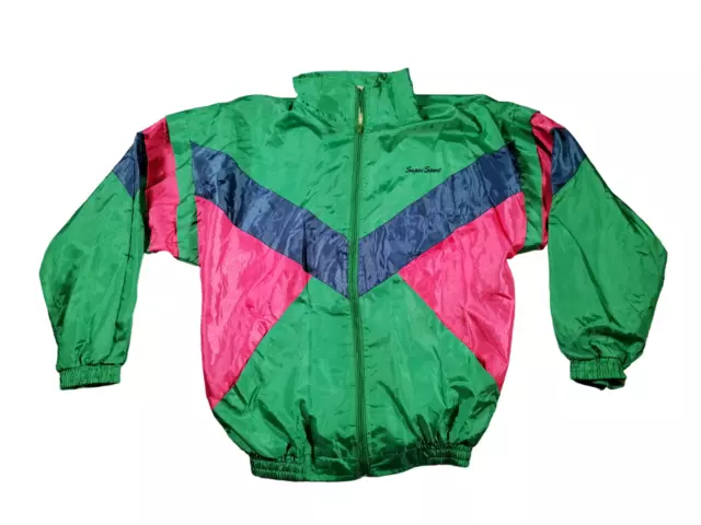 Super Sport Giacca Shell Verde Blu Neon Rosa Taglia Large Vintage 90s Festival
