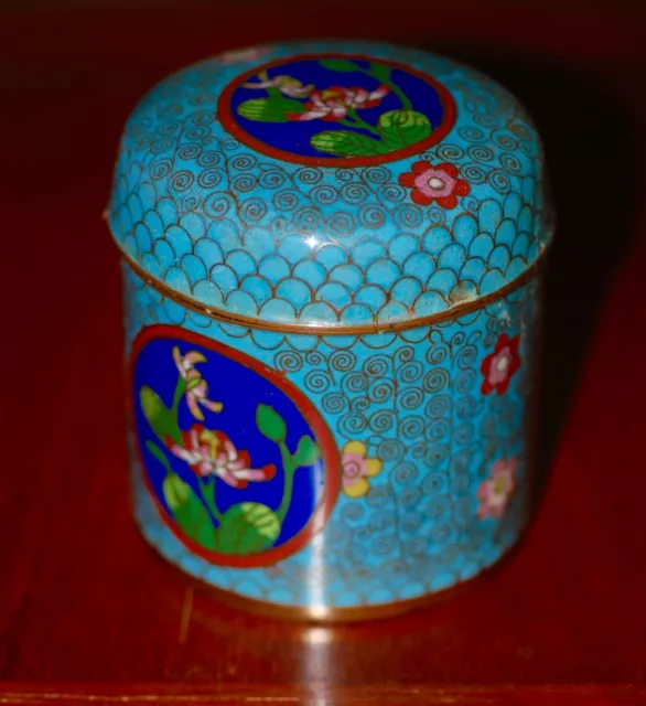 Antique Chinese Turquoise Blue Cloisonne Enamel Round Covered Box Jar