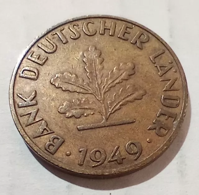 10 Pfennig 1949 F Germany Coin Bank Deutscher Länder Oak Stuttgart Mint