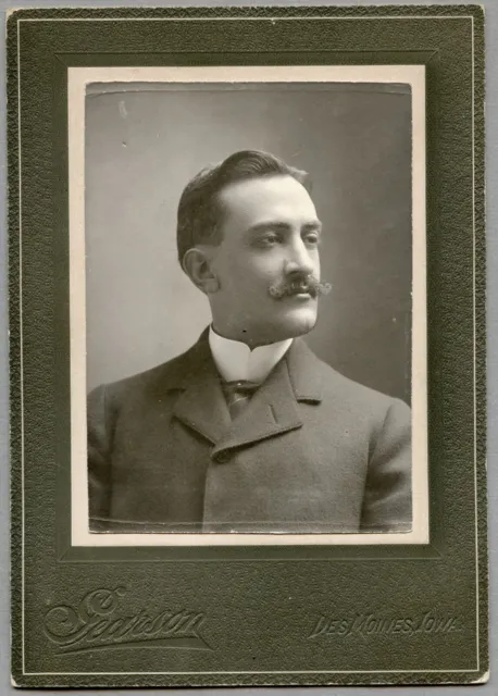 Antique CABINET CARD PHOTO-HANDSOME MAN w/ Mustache-Des Moines, IOWA